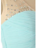 A-line Sheer V Neckline Blue Chiffon Ruched Beaed Bridesmaid Dress